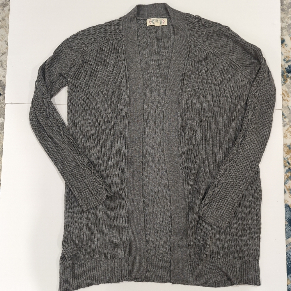 Pink Rose Grey Open Cardigan Sweater Lace Up Sleeves Women's Medium Lightweight